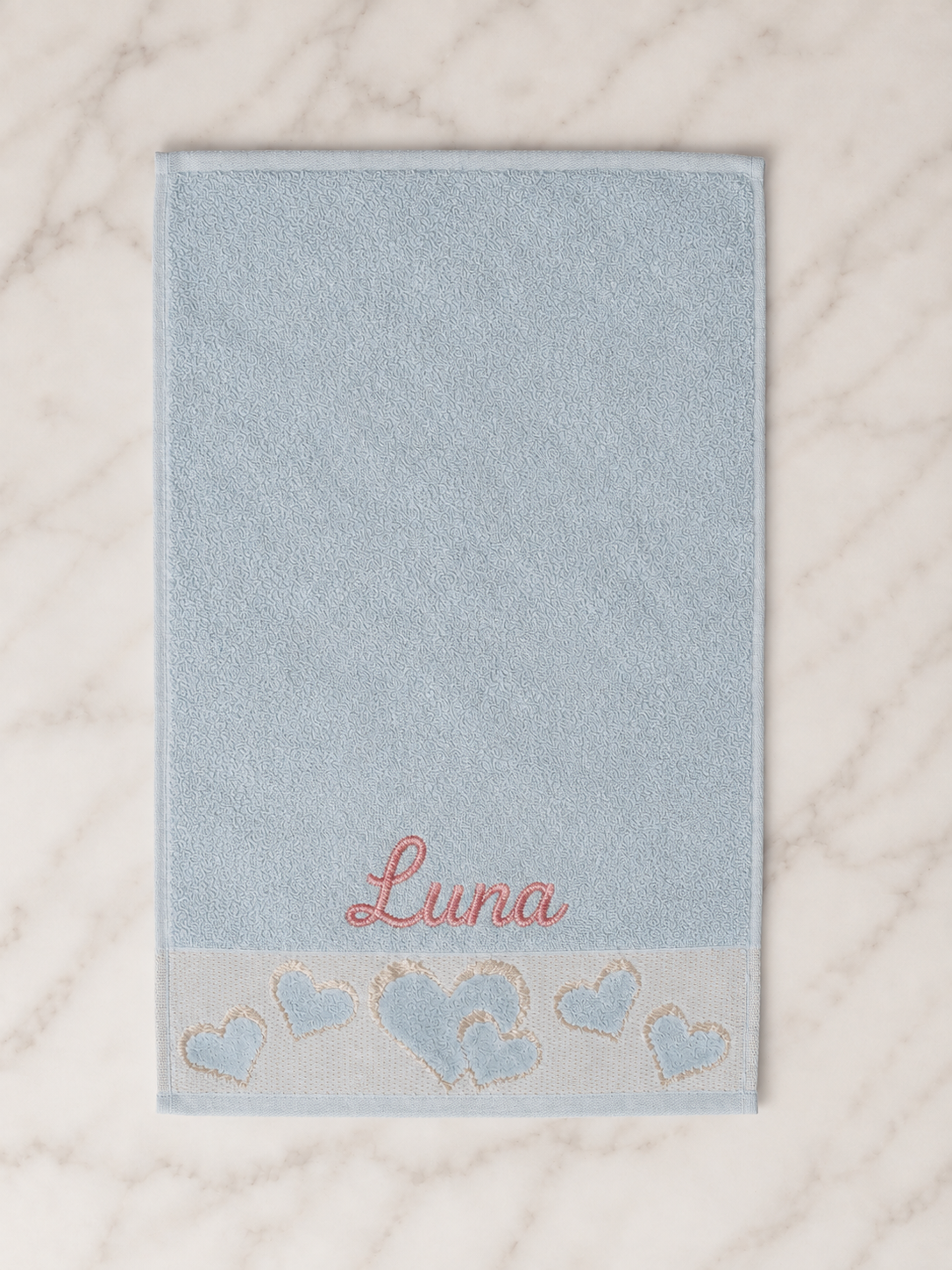 Luna personalized heart hand towel, coral pink script embroidery on baby blue cotton