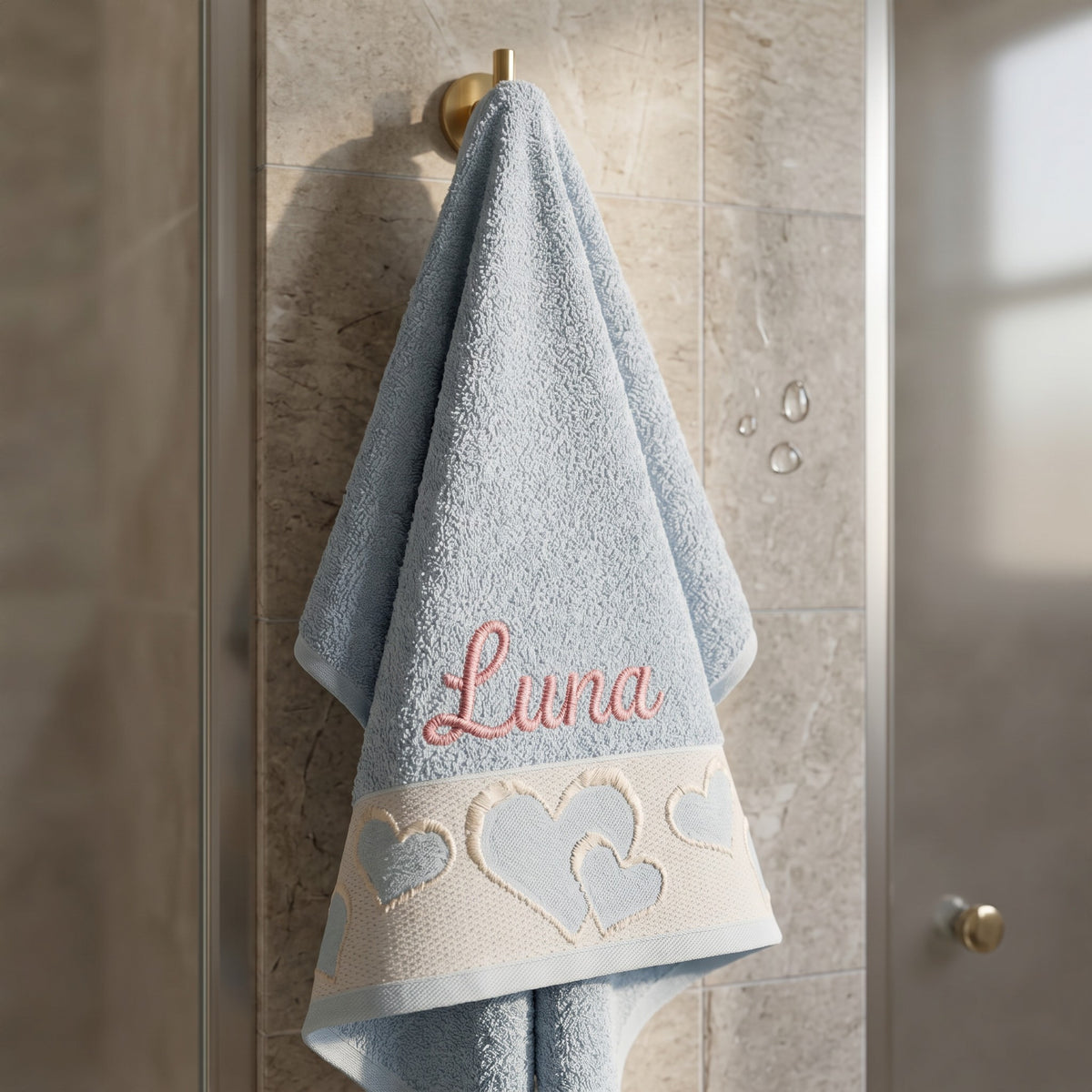 Luna personalized heart hand towel, coral pink script embroidery on baby blue cotton — photo 3