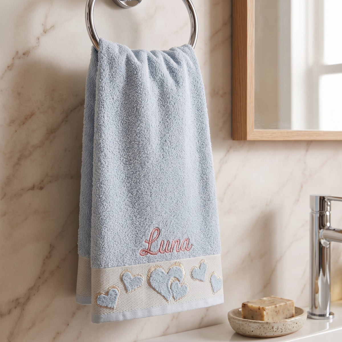 Luna personalized heart hand towel, coral pink script embroidery on baby blue cotton — photo 4