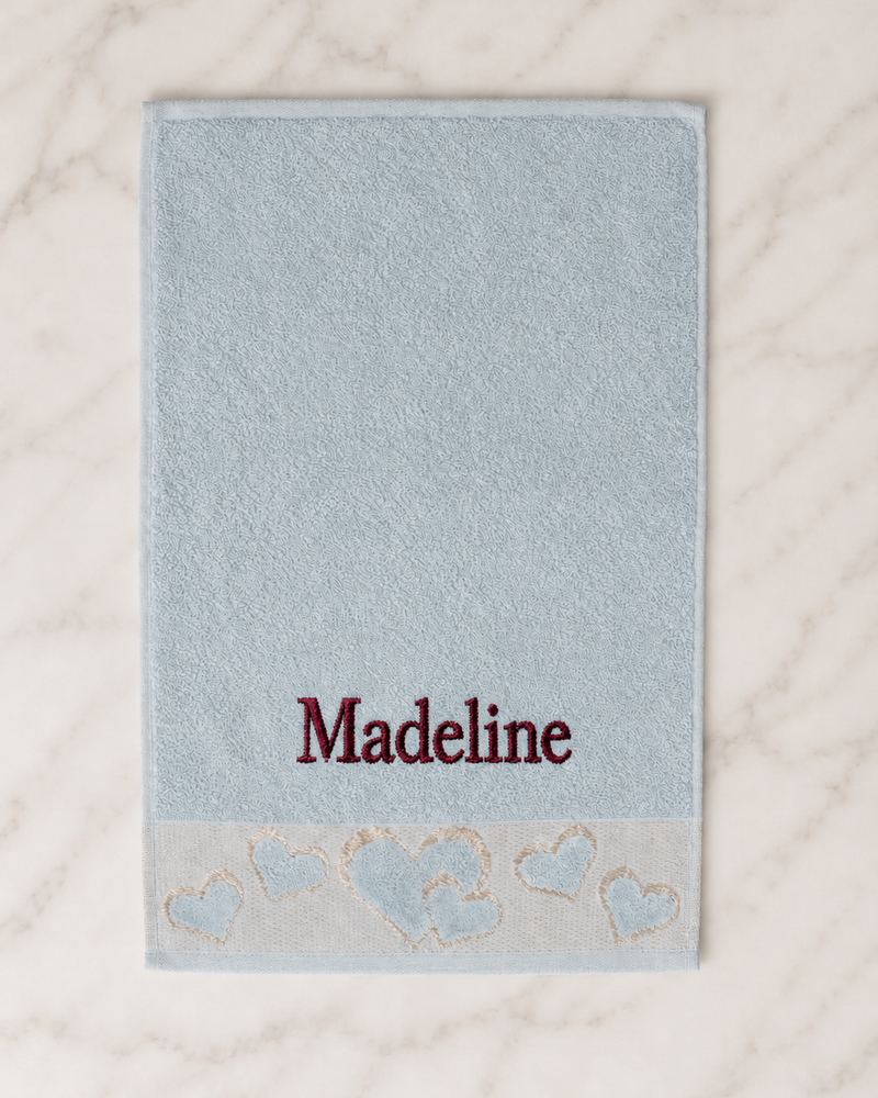 Madeline Embroidered Heart Hand Towel | Personalized Name Towel, Burgundy Serif on Baby Blue