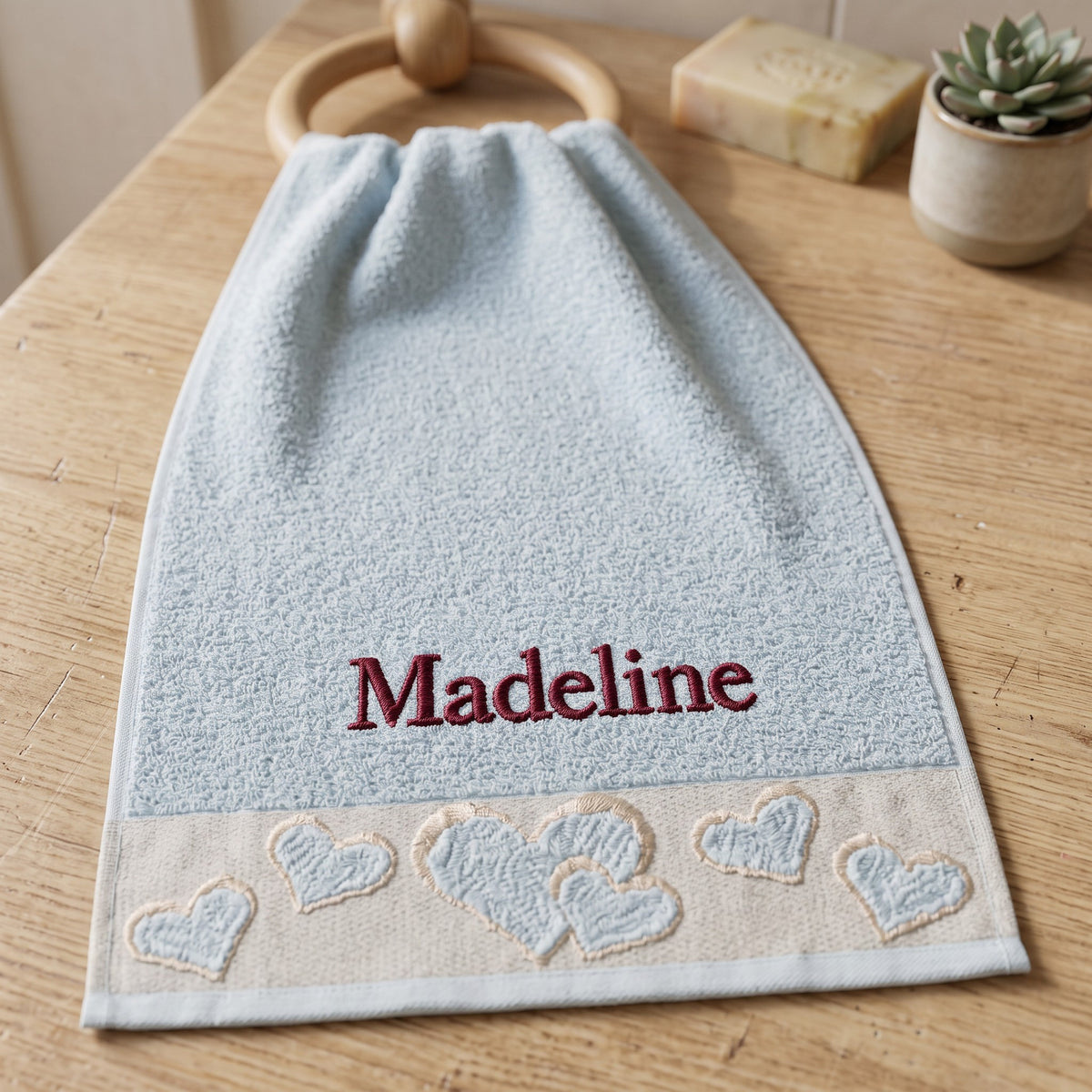Madeline personalized heart hand towel, burgundy serif embroidery on baby blue cotton — photo 2