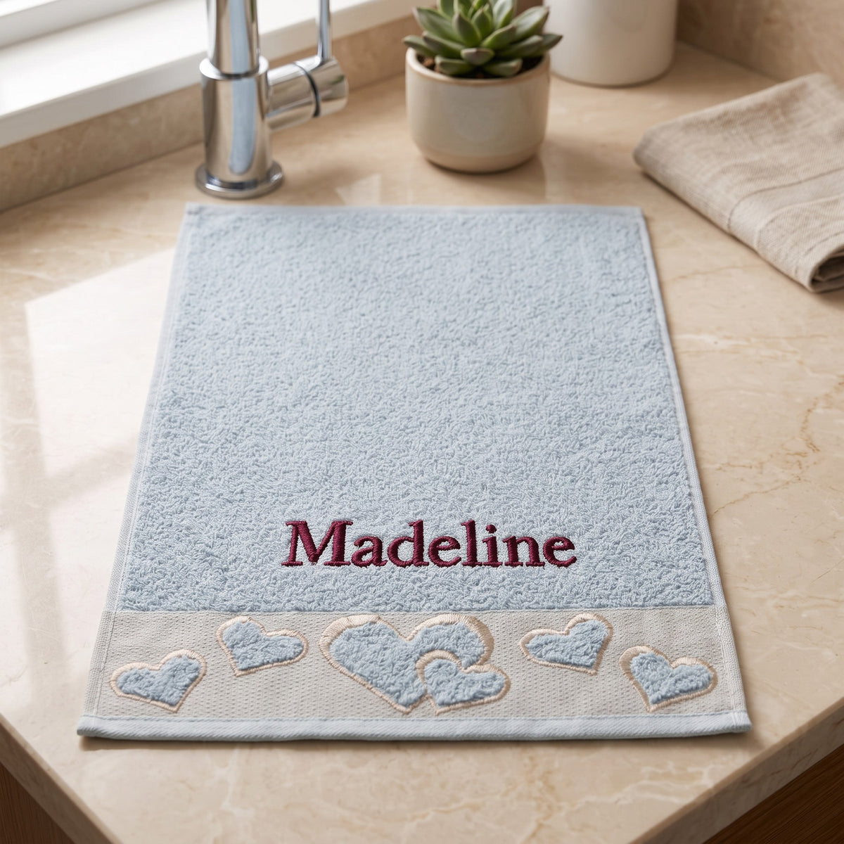 Madeline personalized heart hand towel, burgundy serif embroidery on baby blue cotton — photo 3