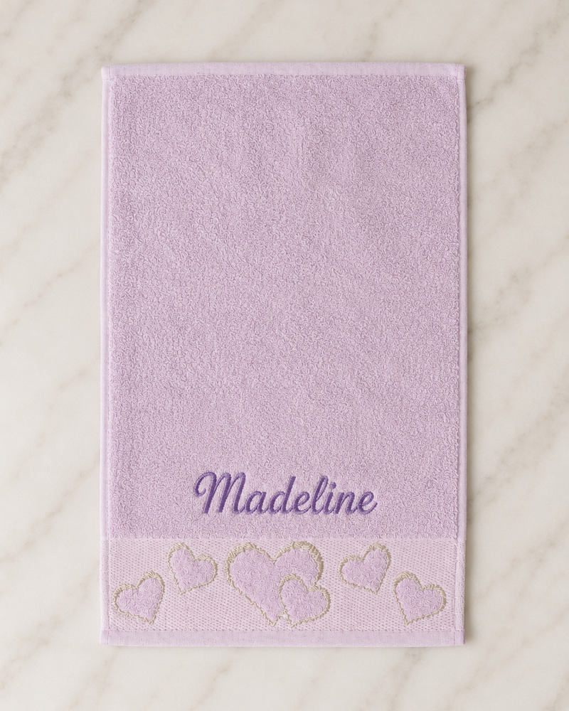 Madeline Embroidered Heart Hand Towel | Personalized Name Towel, Purple Script on Lilac
