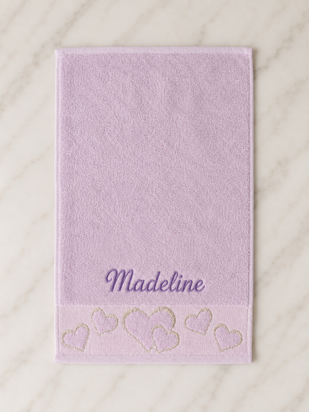 Madeline personalized heart hand towel, purple script embroidery on lilac cotton
