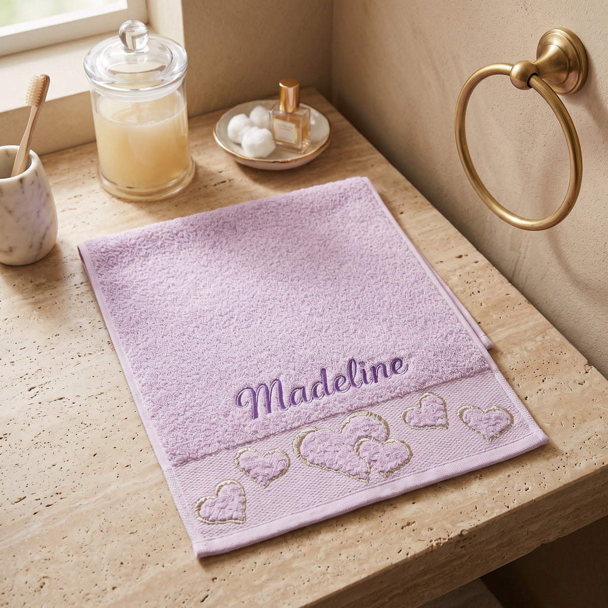 Madeline personalized heart hand towel, purple script embroidery on lilac cotton — photo 2