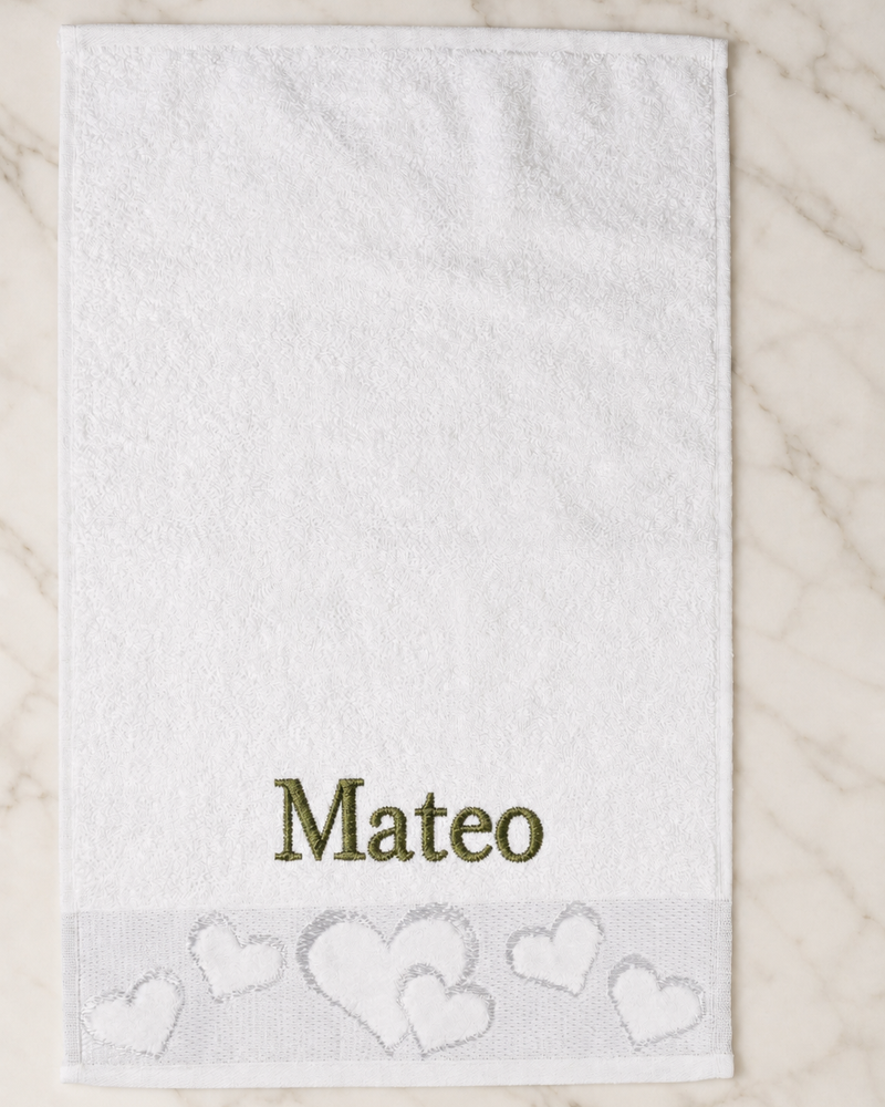 Mateo Embroidered Heart Hand Towel | Personalized Name Towel, Olive green Serif on White