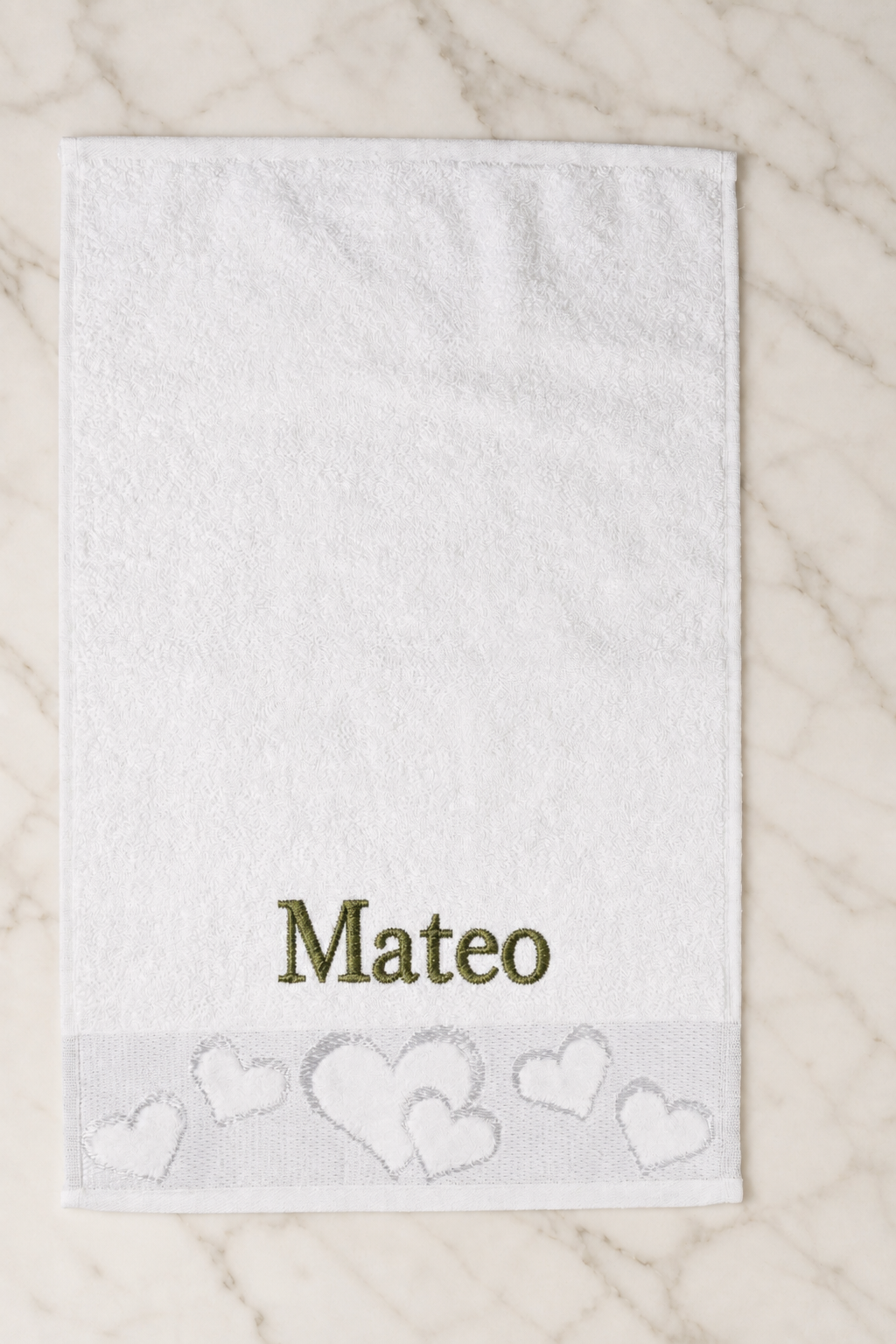 Mateo personalized heart hand towel, olive green serif embroidery on white cotton