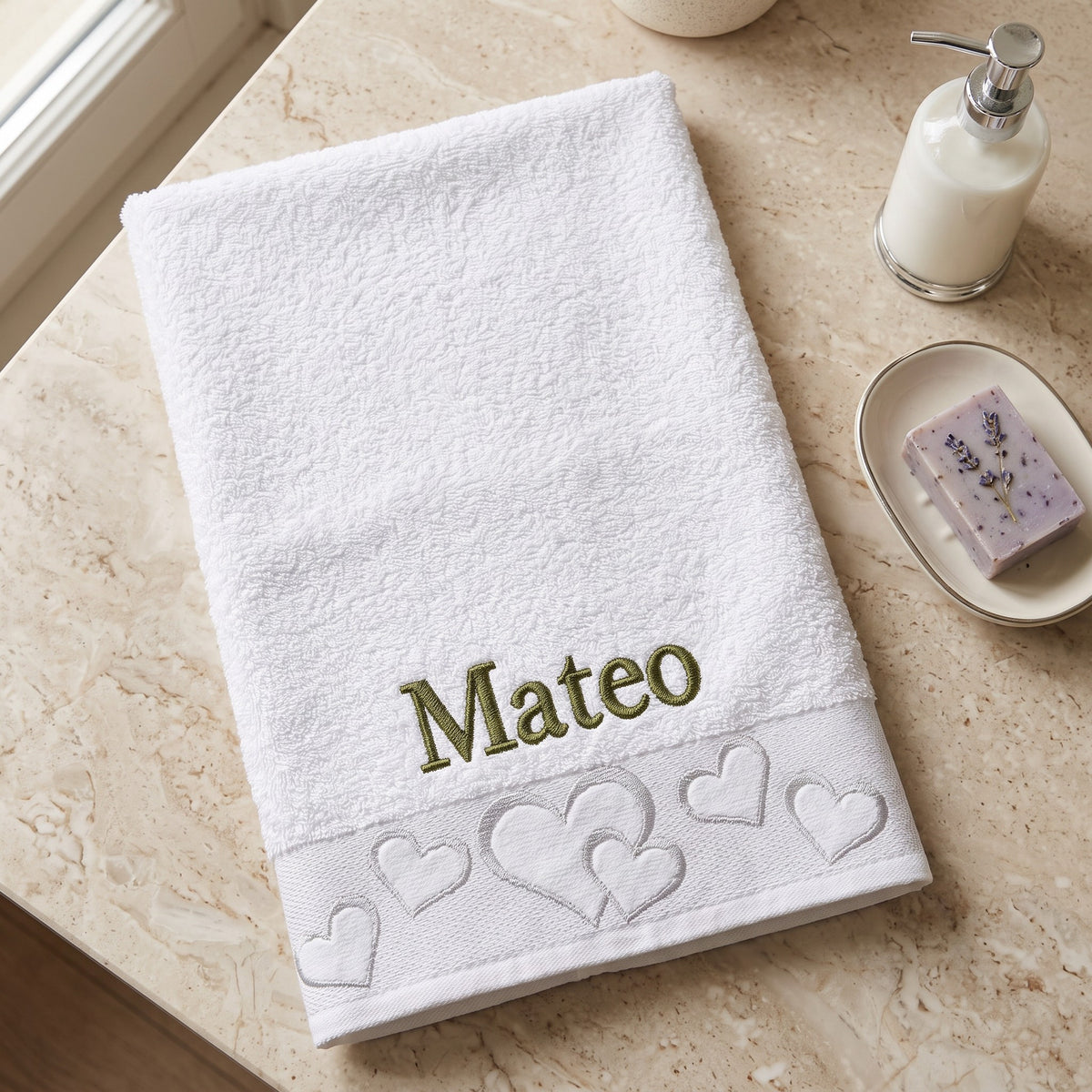 Mateo personalized heart hand towel, olive green serif embroidery on white cotton — photo 2