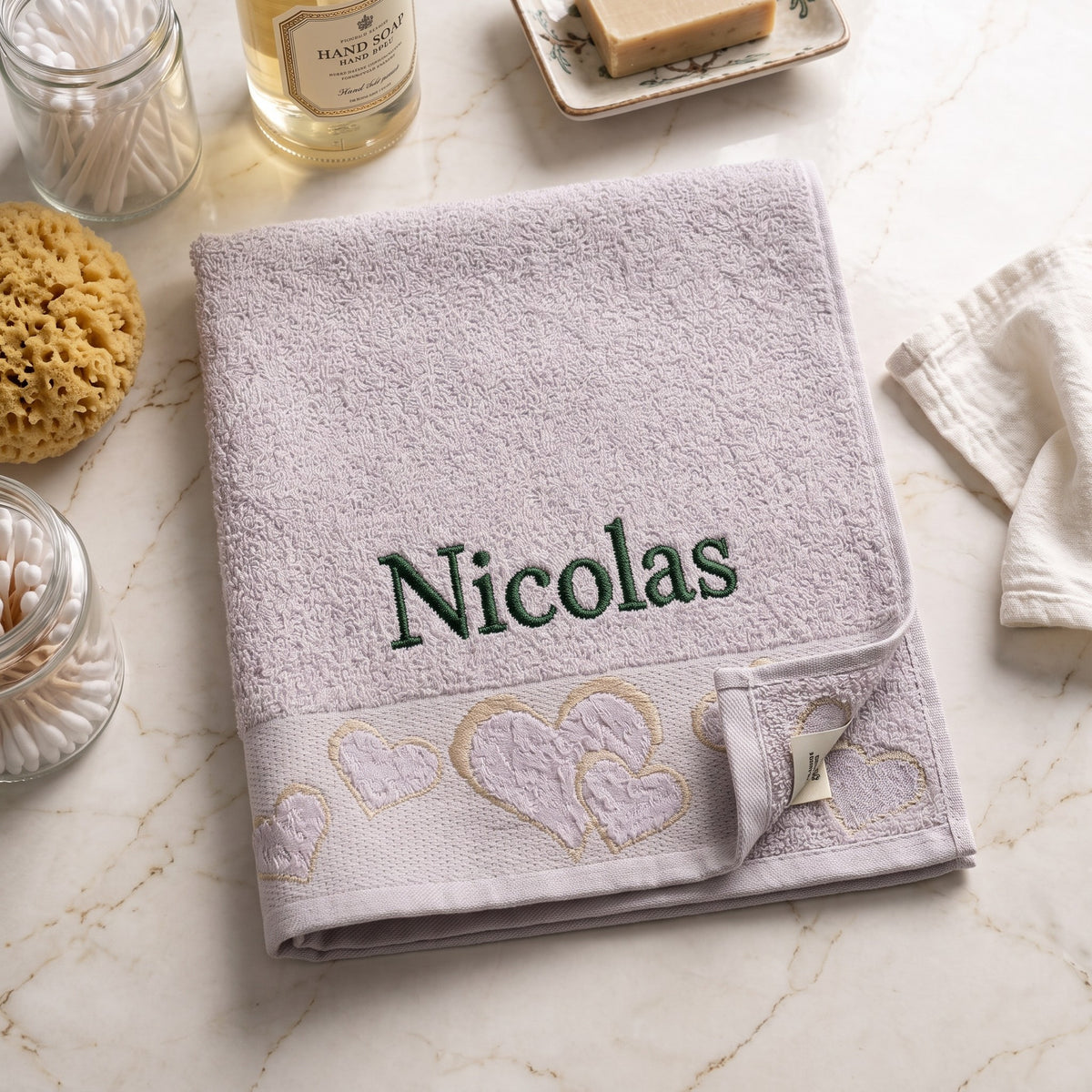Nicolas personalized heart hand towel, forest green serif embroidery on mauve cotton — photo 5