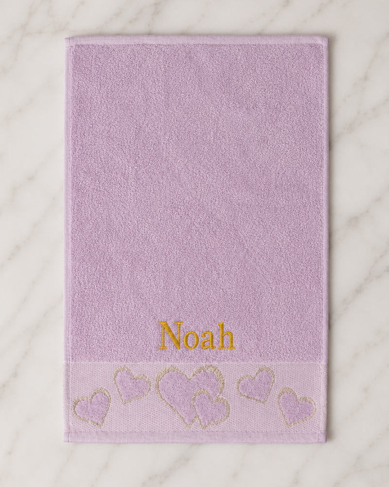 Noah Embroidered Heart Hand Towel | Personalized Name Towel, Gold Serif on Lilac
