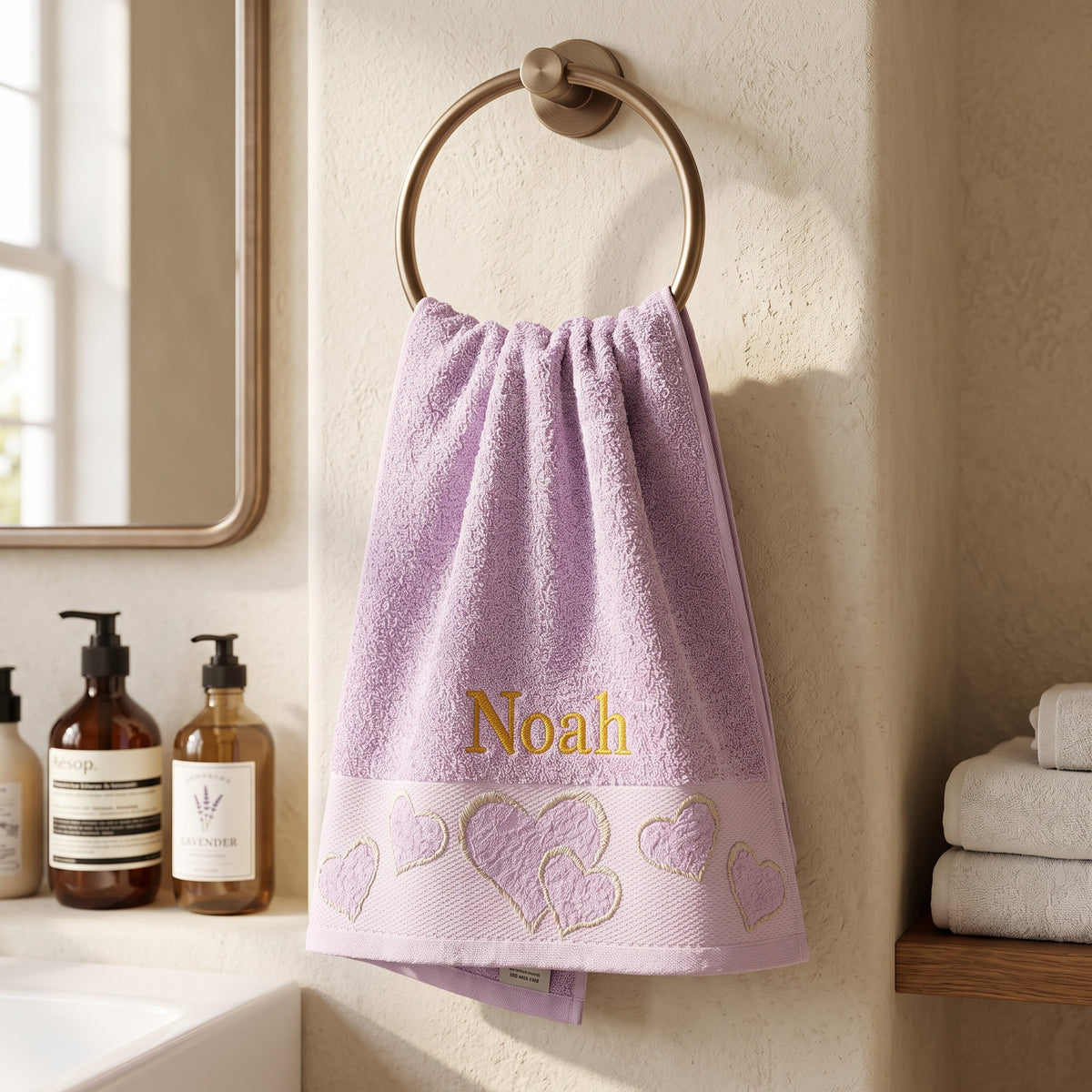 Noah personalized heart hand towel, gold serif embroidery on lilac cotton — photo 2