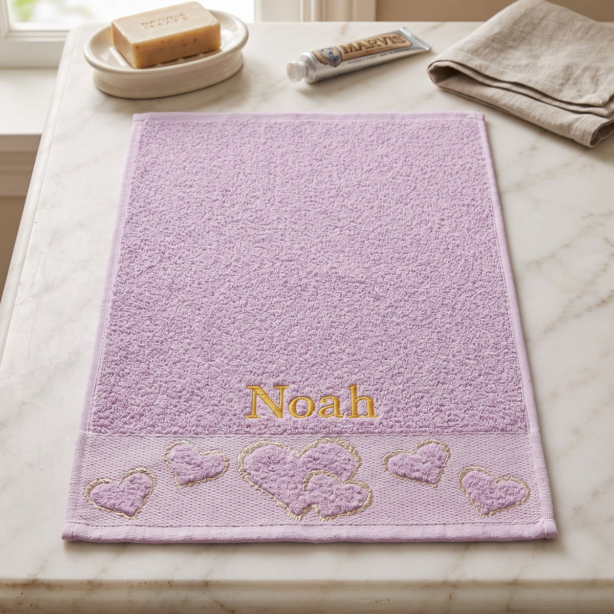 Noah personalized heart hand towel, gold serif embroidery on lilac cotton — photo 3