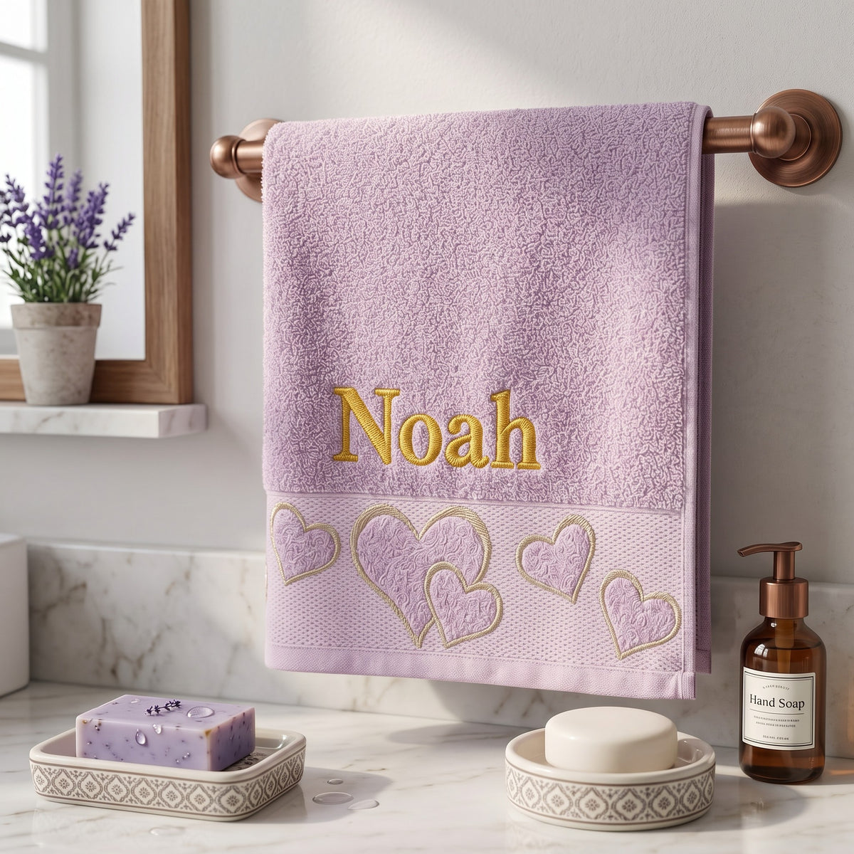 Noah personalized heart hand towel, gold serif embroidery on lilac cotton — photo 4