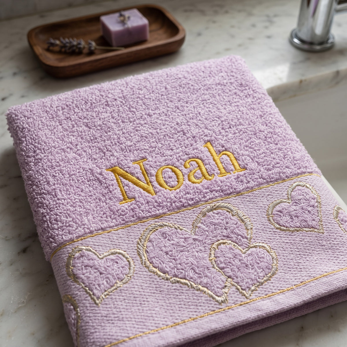 Noah personalized heart hand towel, gold serif embroidery on lilac cotton — photo 5