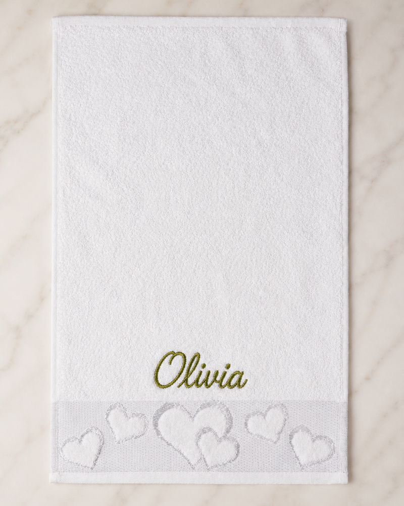 Olivia Embroidered Heart Hand Towel | Personalized Name Towel, Olive green Script on White