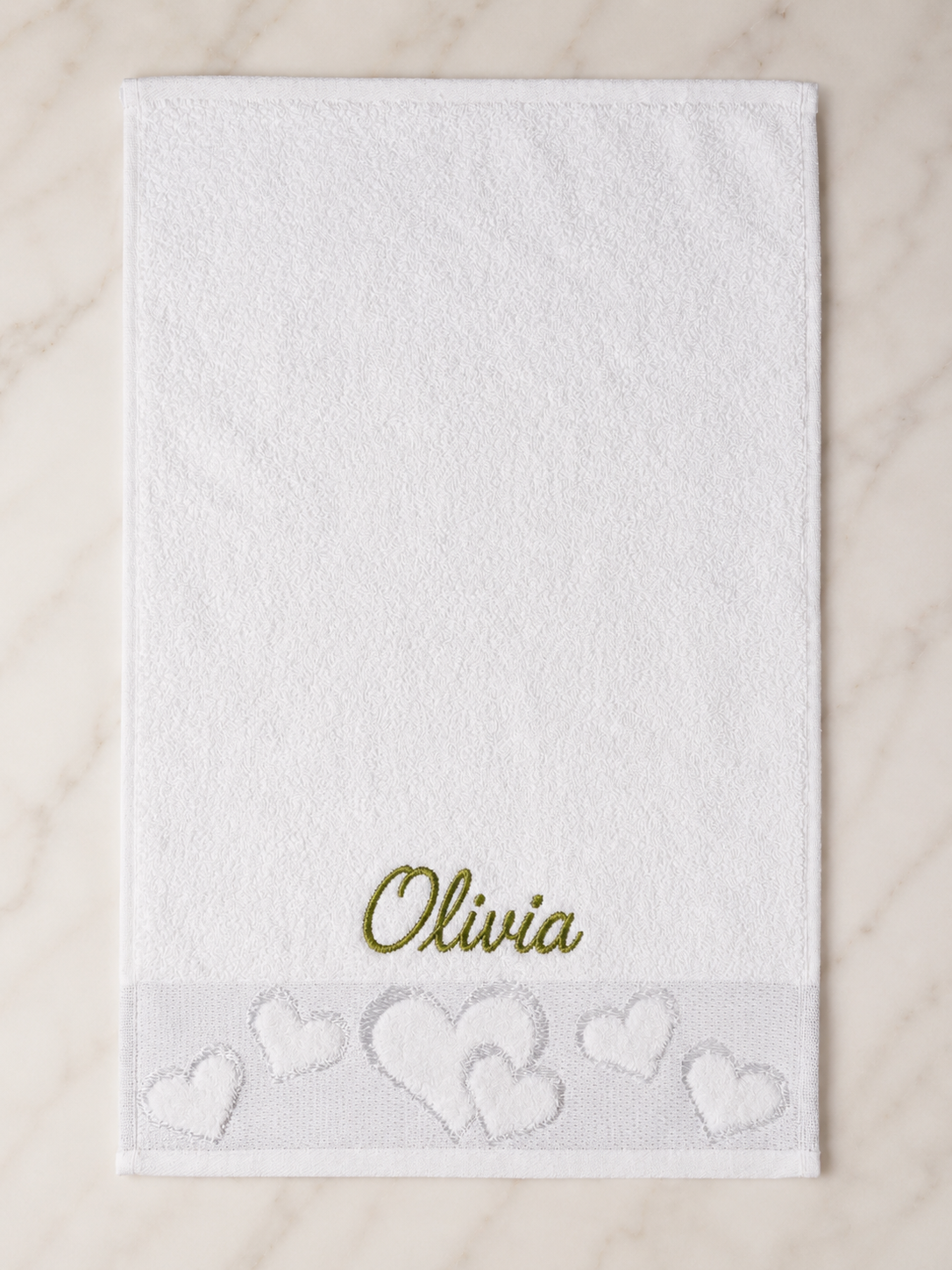 Olivia personalized heart hand towel, olive green script embroidery on white cotton