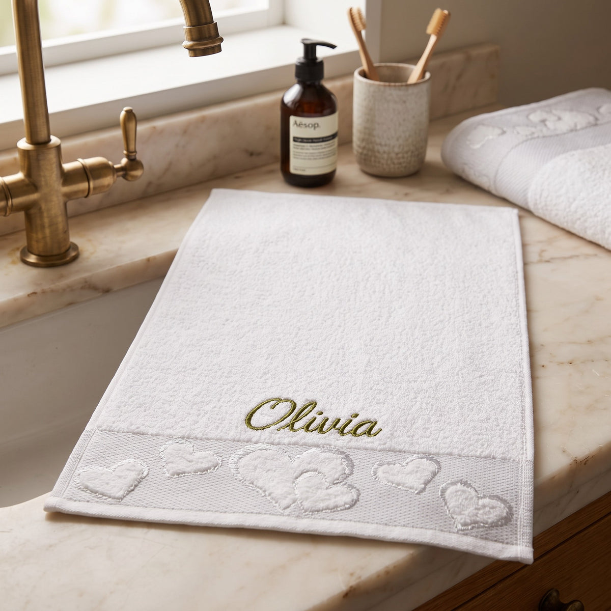 Olivia personalized heart hand towel, olive green script embroidery on white cotton — photo 2