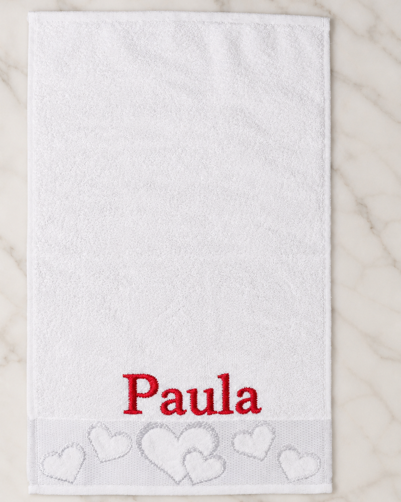 Paula Embroidered Heart Hand Towel | Personalized Name Towel, Red Serif on White