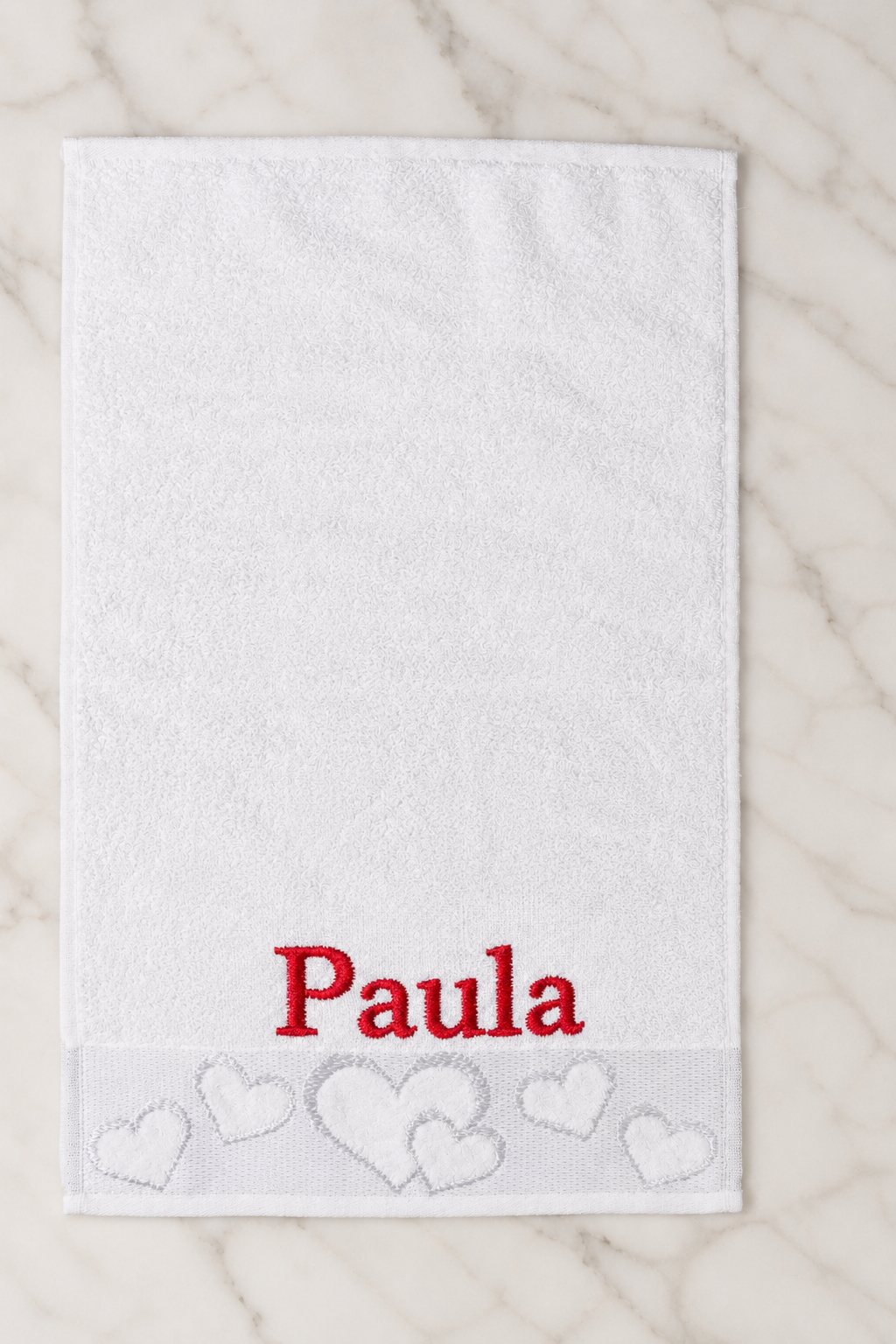 Paula personalized heart hand towel, red serif embroidery on white cotton