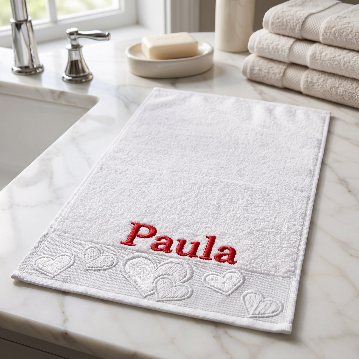 Paula personalized heart hand towel, red serif embroidery on white cotton — photo 2