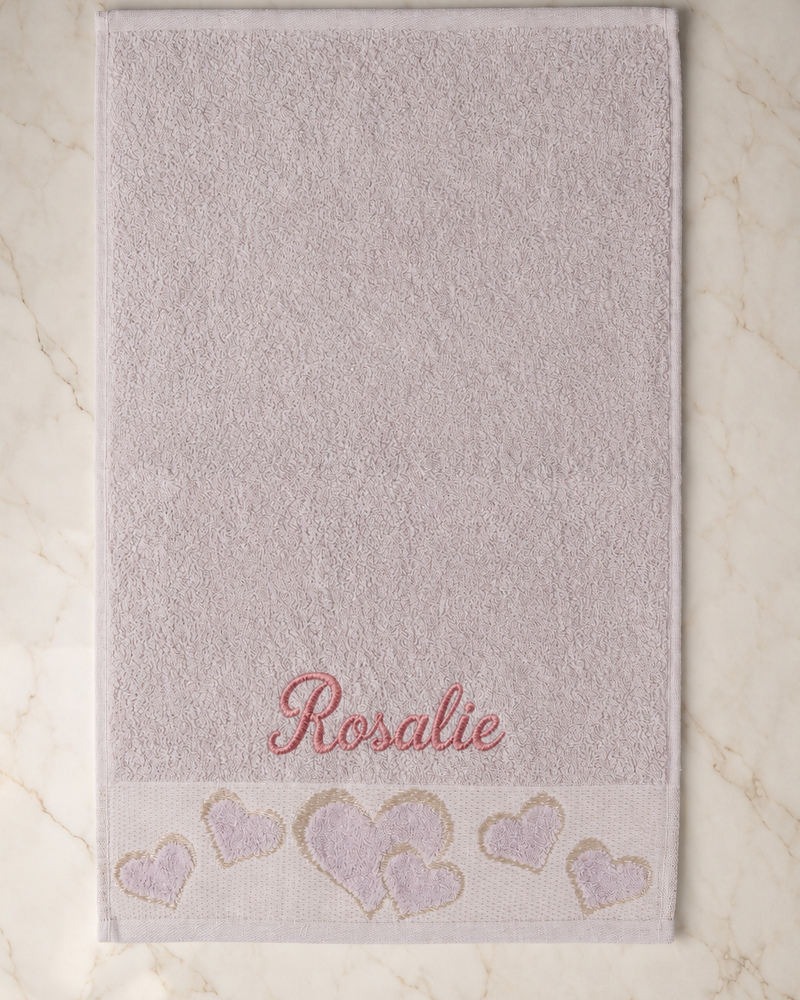 Rosalie Embroidered Heart Hand Towel | Personalized Name Towel, Rose pink Script on Mauve