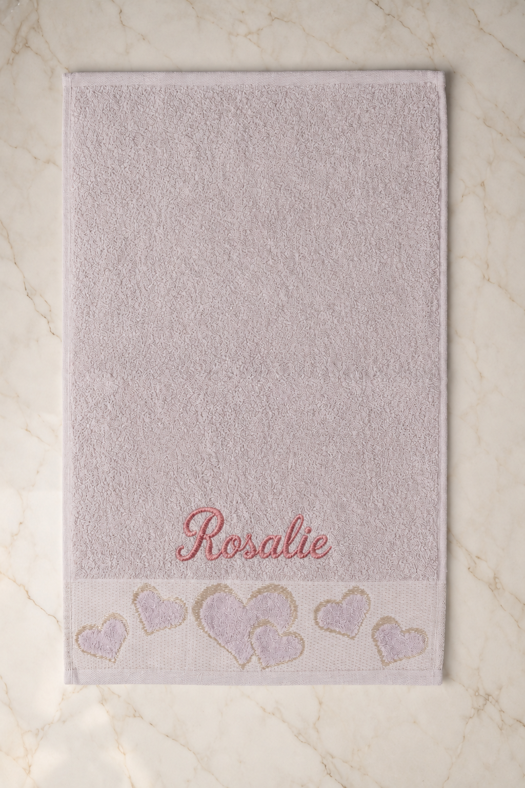Rosalie personalized heart hand towel, rose pink script embroidery on mauve cotton