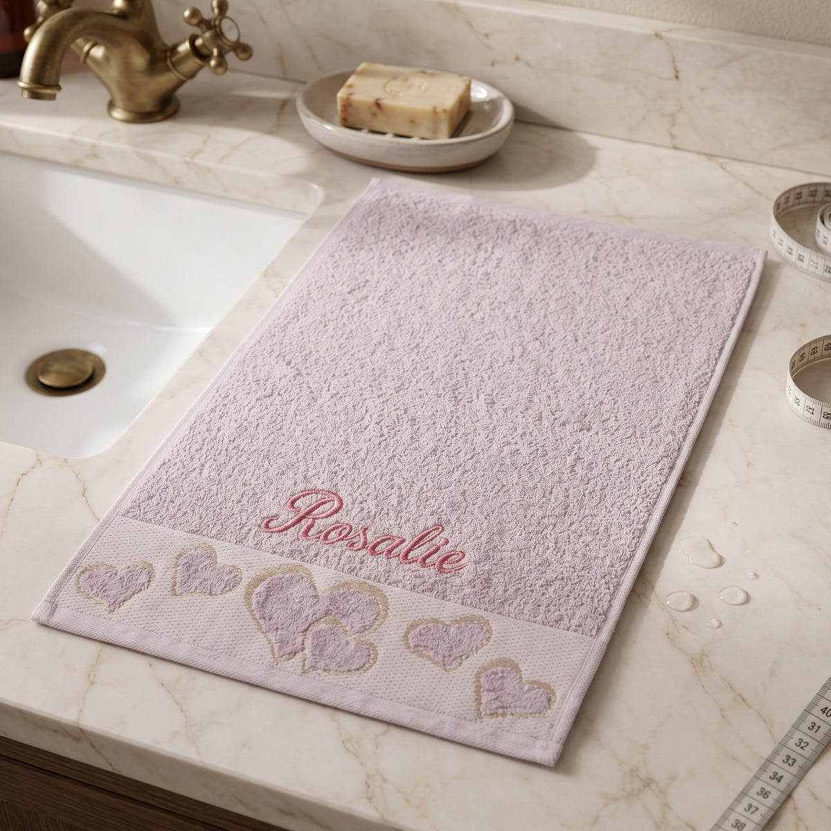 Rosalie personalized heart hand towel, rose pink script embroidery on mauve cotton — photo 2