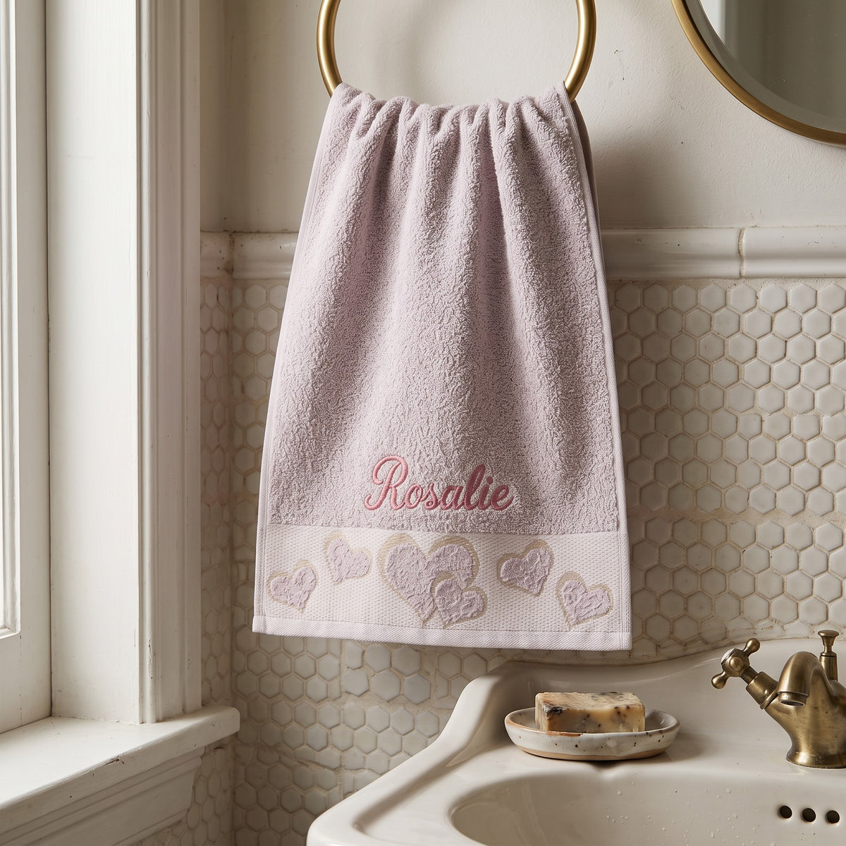 Rosalie personalized heart hand towel, rose pink script embroidery on mauve cotton — photo 3