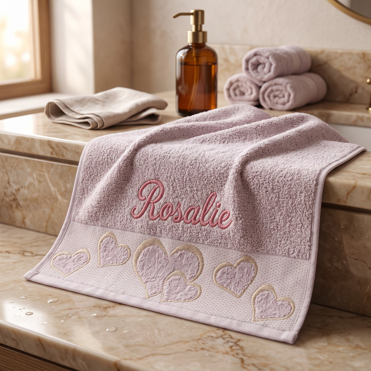 Rosalie personalized heart hand towel, rose pink script embroidery on mauve cotton — photo 4