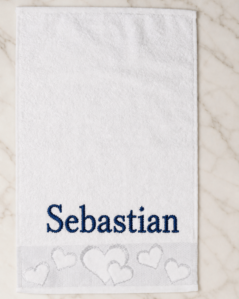 Sebastian Embroidered Heart Hand Towel | Personalized Name Towel, Navy Serif on White