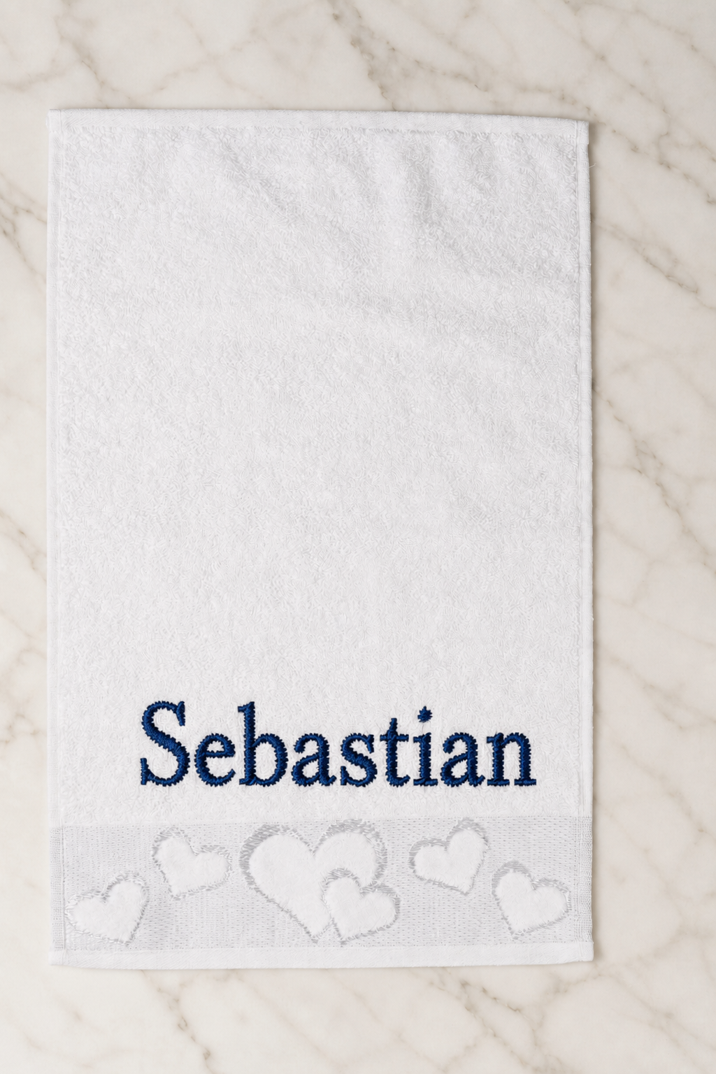 Sebastian personalized heart hand towel, navy serif embroidery on white cotton
