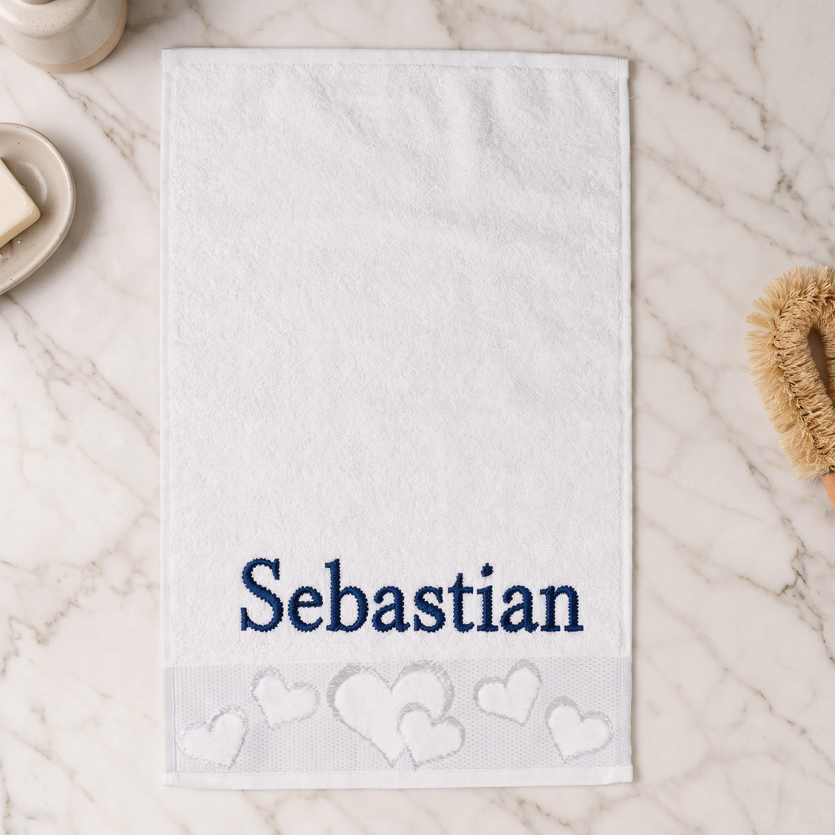 Sebastian personalized heart hand towel, navy serif embroidery on white cotton — photo 2