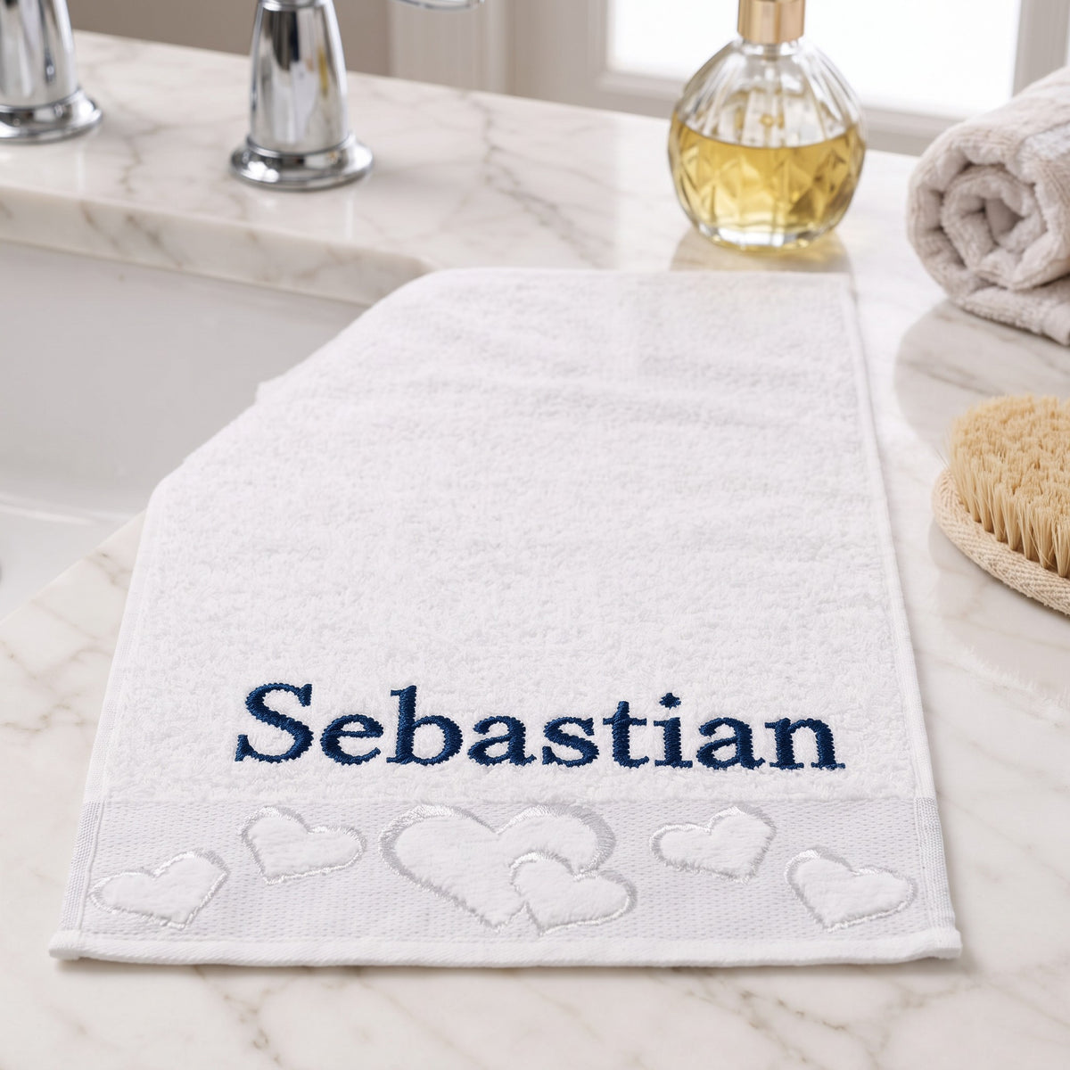 Sebastian personalized heart hand towel, navy serif embroidery on white cotton — photo 3