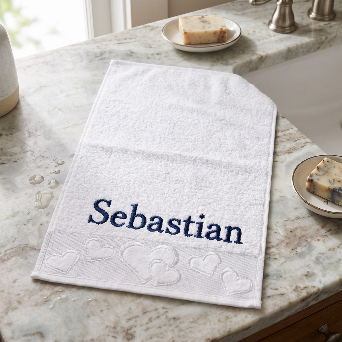 Sebastian personalized heart hand towel, navy serif embroidery on white cotton — photo 4