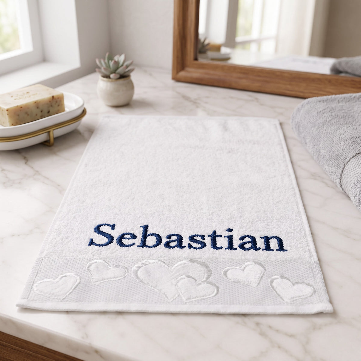 Sebastian personalized heart hand towel, navy serif embroidery on white cotton — photo 5