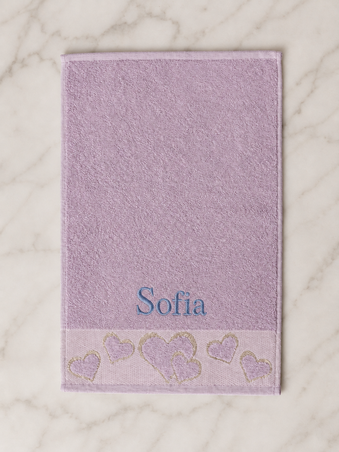 Sofia personalized heart hand towel, sky blue serif embroidery on lilac cotton