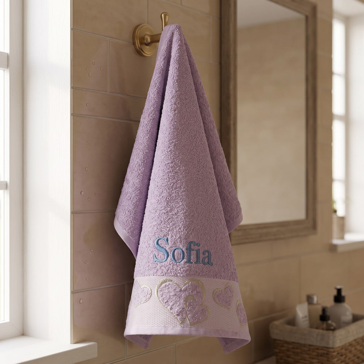 Sofia personalized heart hand towel, sky blue serif embroidery on lilac cotton — photo 2