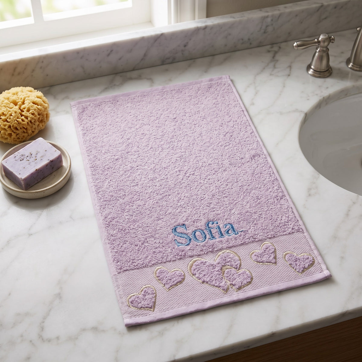 Sofia personalized heart hand towel, sky blue serif embroidery on lilac cotton — photo 3