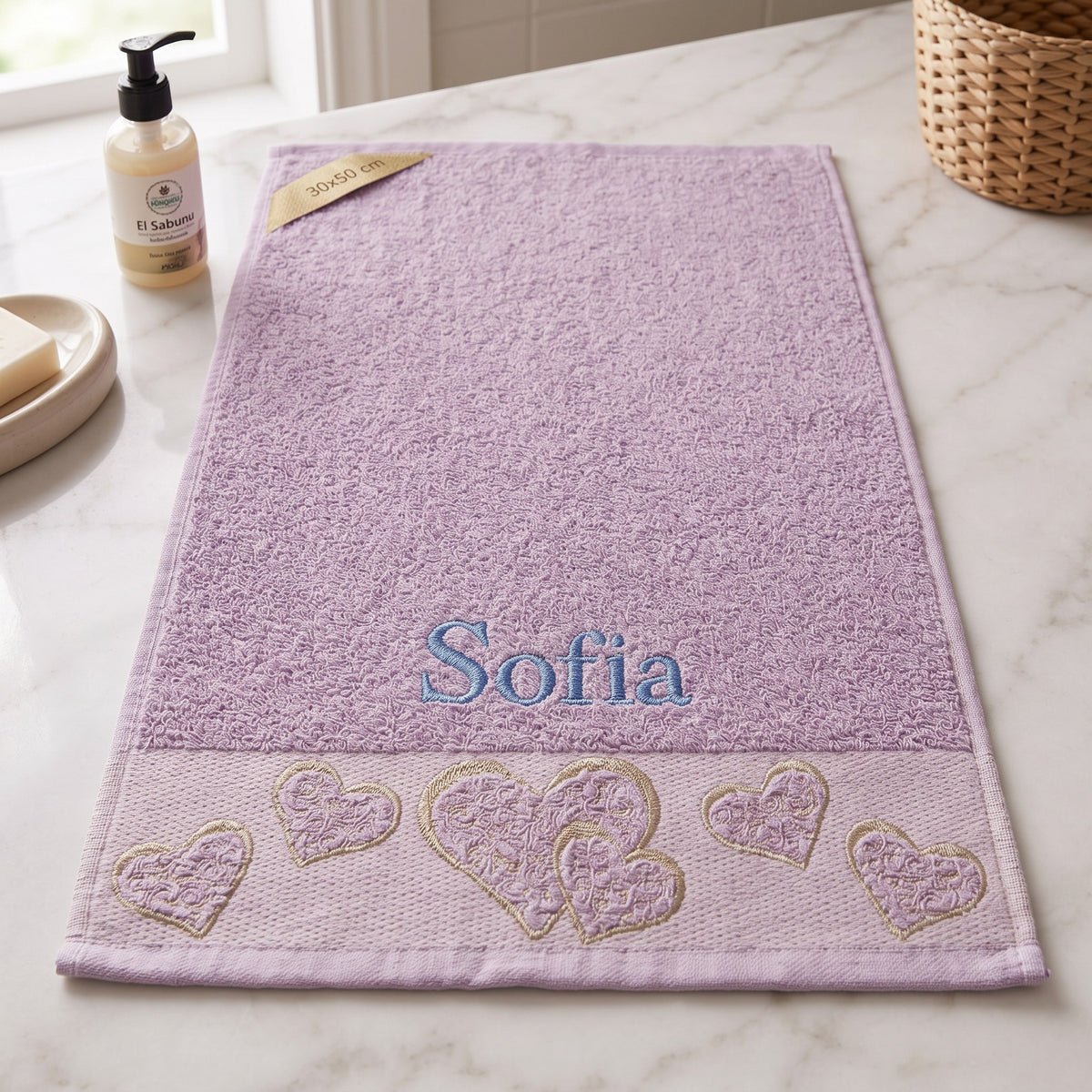 Sofia personalized heart hand towel, sky blue serif embroidery on lilac cotton — photo 4