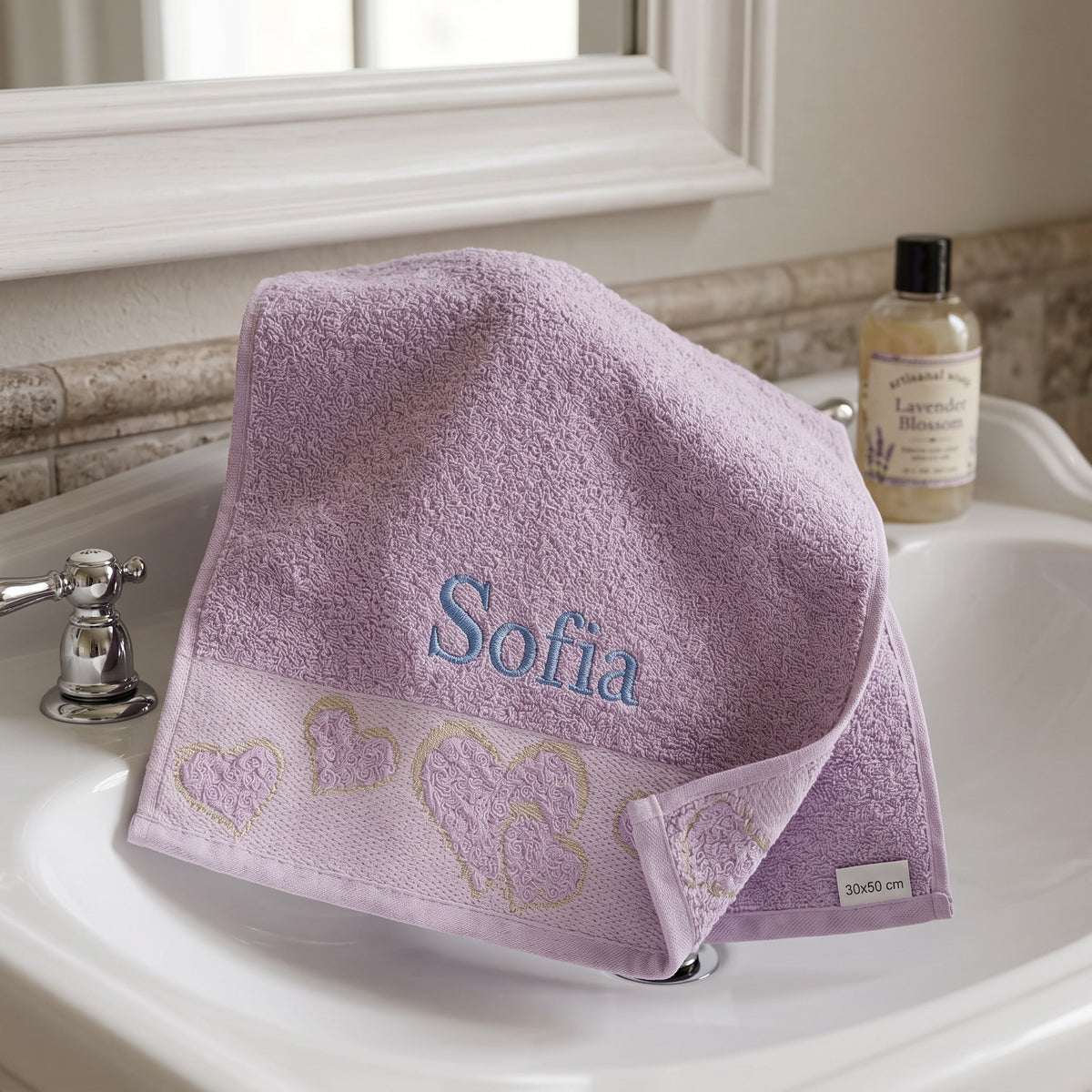 Sofia personalized heart hand towel, sky blue serif embroidery on lilac cotton — photo 5