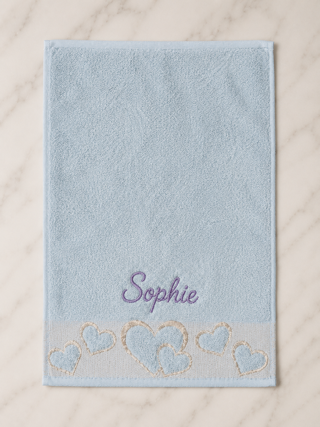Sophie personalized heart hand towel, lavender script embroidery on baby blue cotton