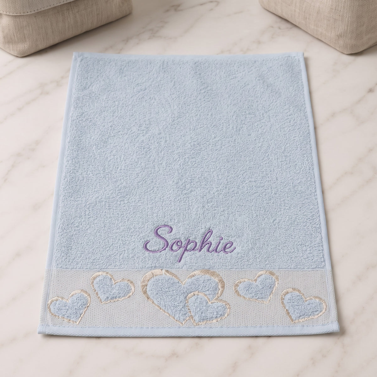 Sophie personalized heart hand towel, lavender script embroidery on baby blue cotton — photo 2