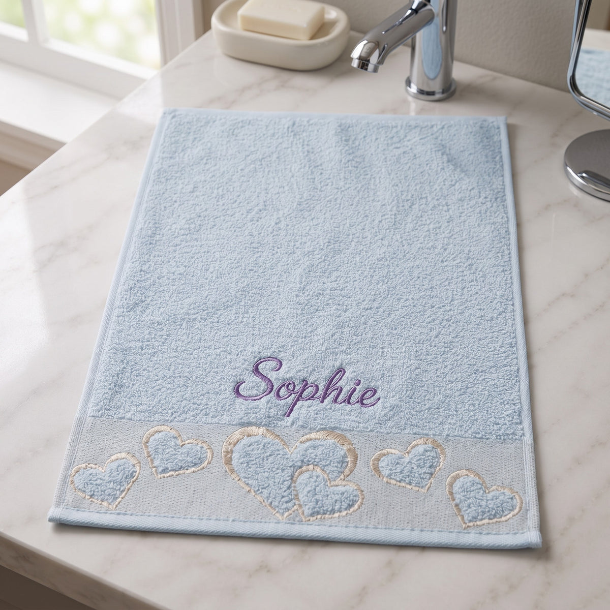 Sophie personalized heart hand towel, lavender script embroidery on baby blue cotton — photo 3