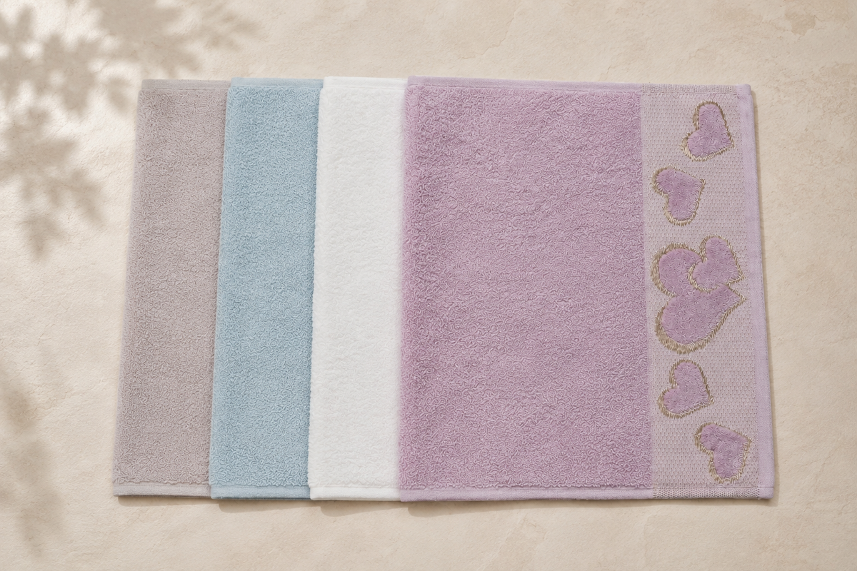 Plain cotton heart hand towels in baby blue, white, lilac and mauve