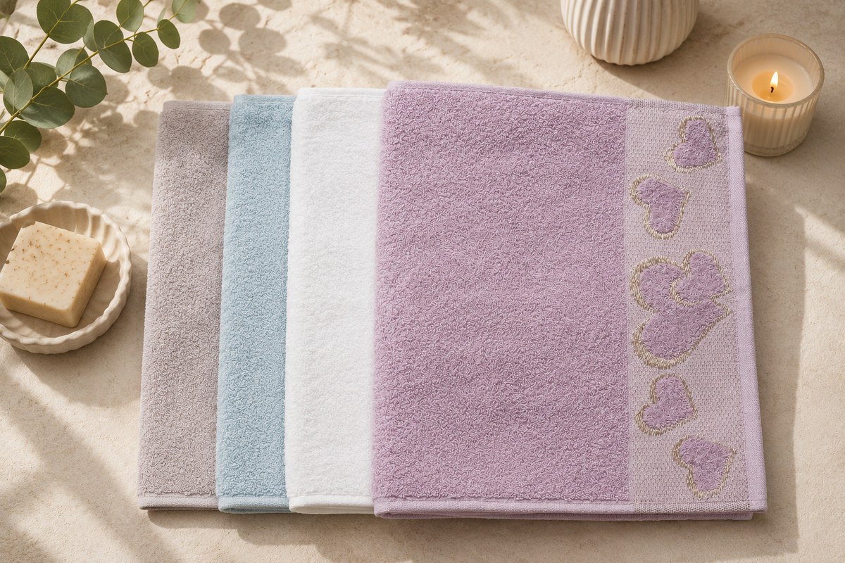 Plain cotton heart hand towels in baby blue, white, lilac and mauve