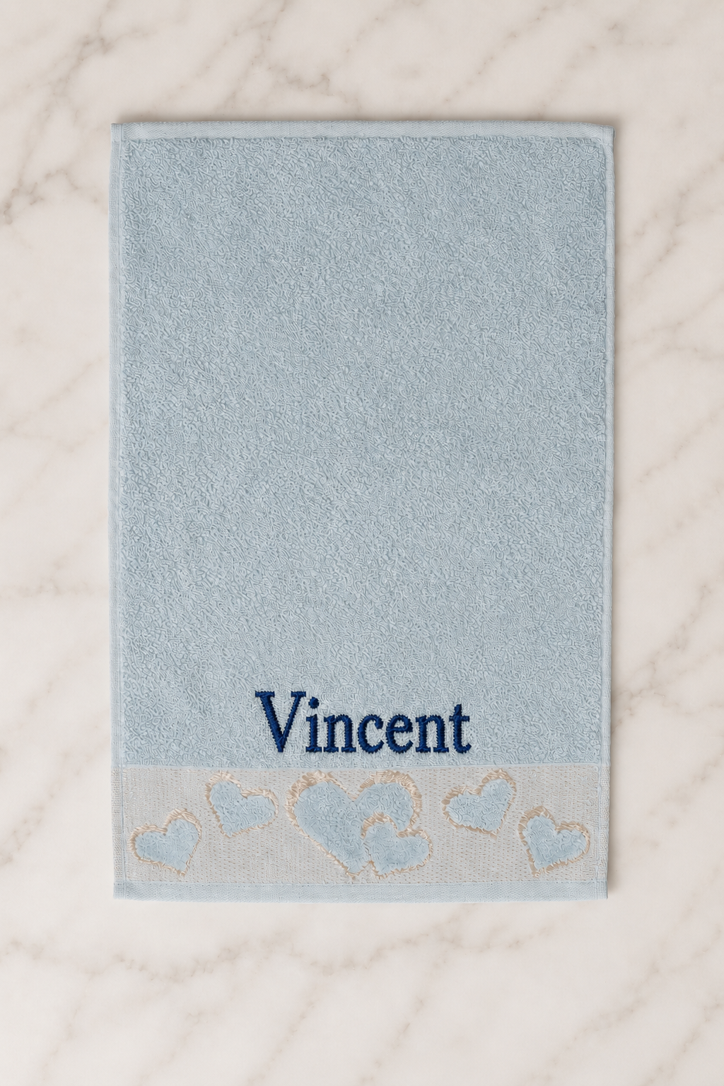 Vincent personalized heart hand towel, navy serif embroidery on baby blue cotton