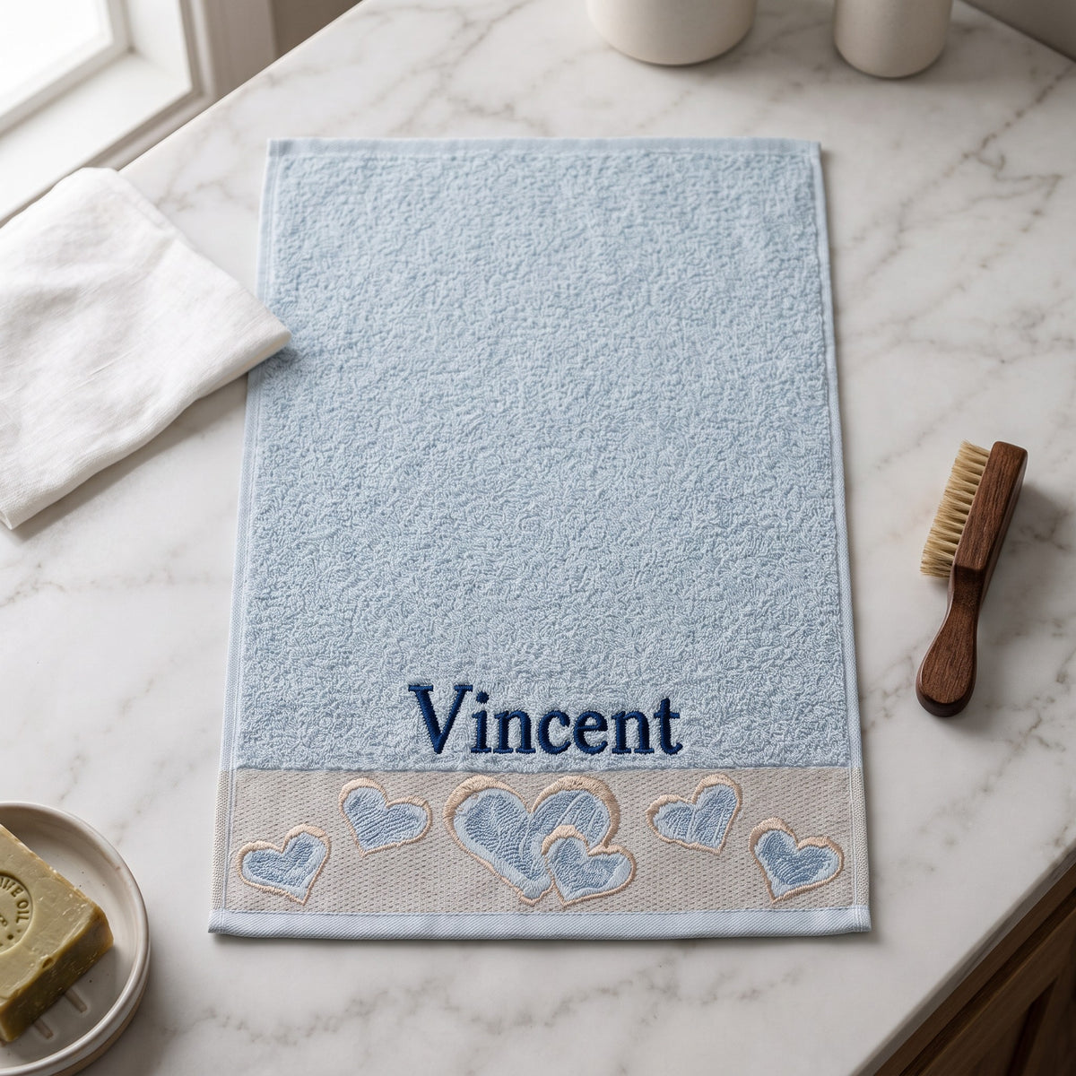 Vincent personalized heart hand towel, navy serif embroidery on baby blue cotton — photo 2