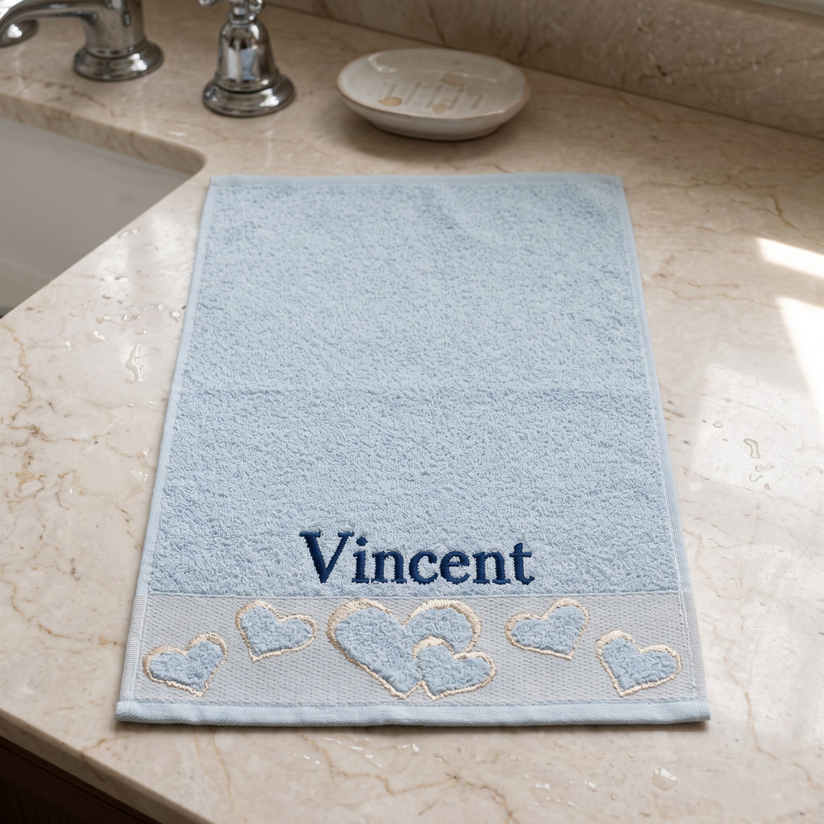Vincent personalized heart hand towel, navy serif embroidery on baby blue cotton — photo 3