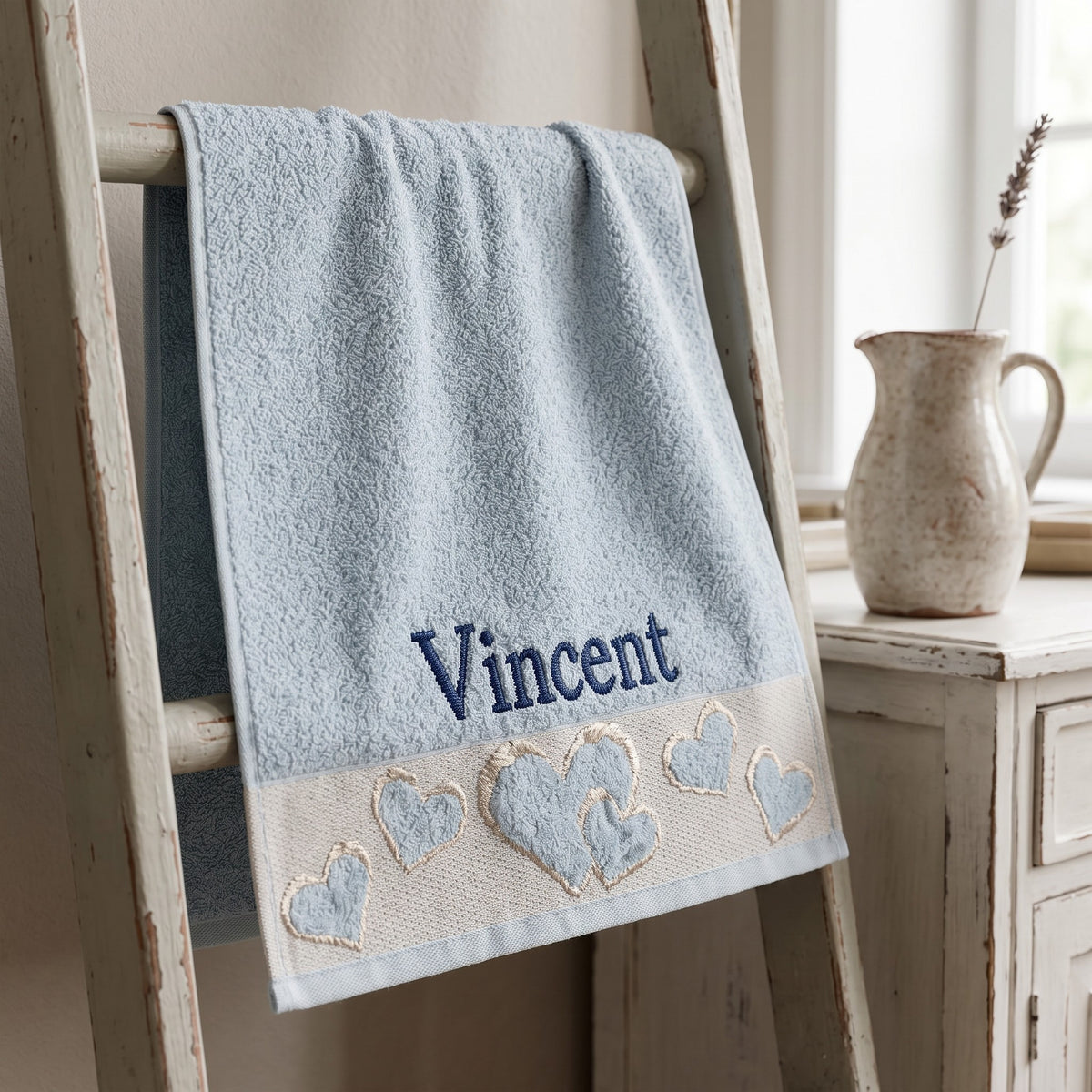 Vincent personalized heart hand towel, navy serif embroidery on baby blue cotton — photo 4