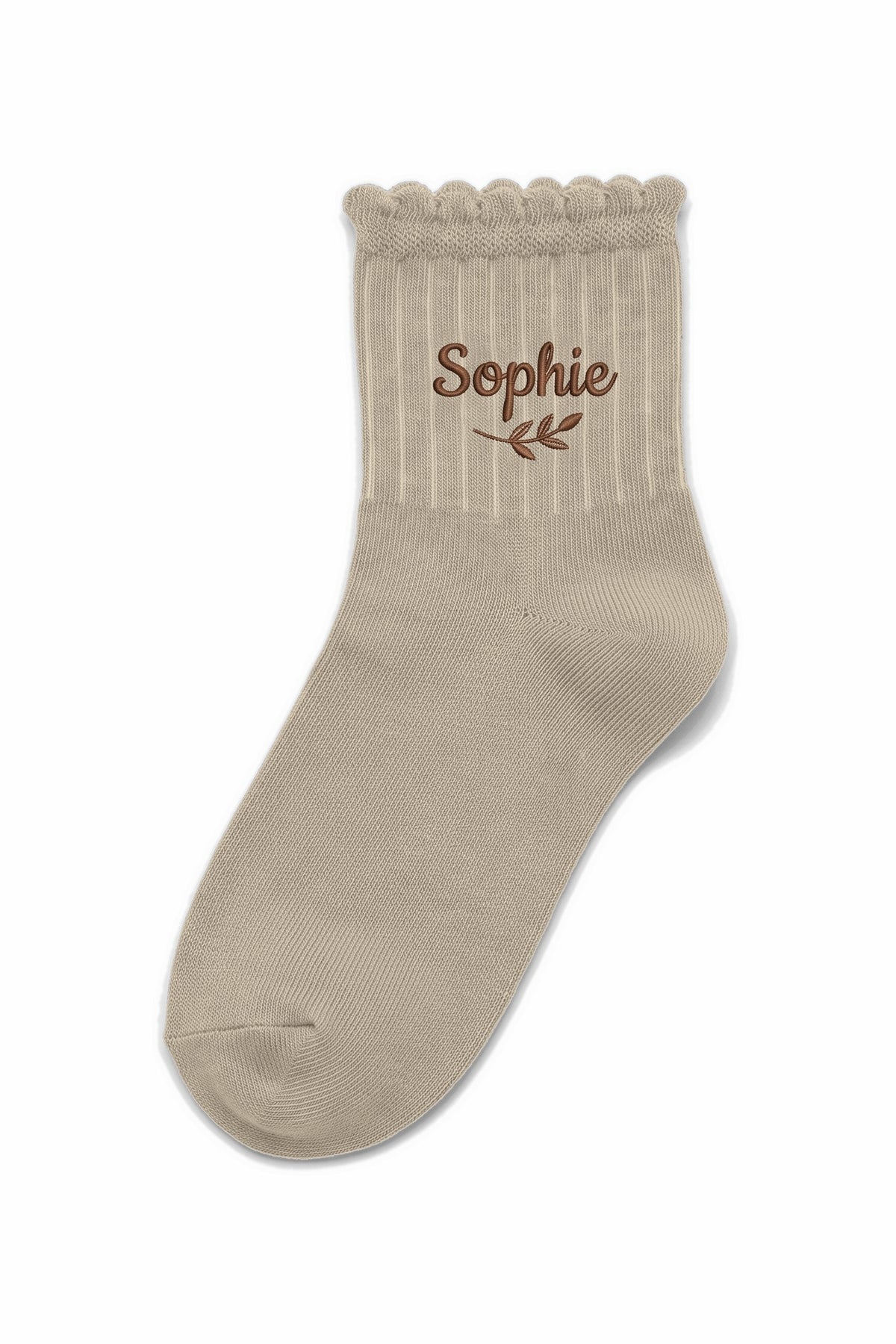 Beige ruffle ankle socks with custom embroidery on the cuff
